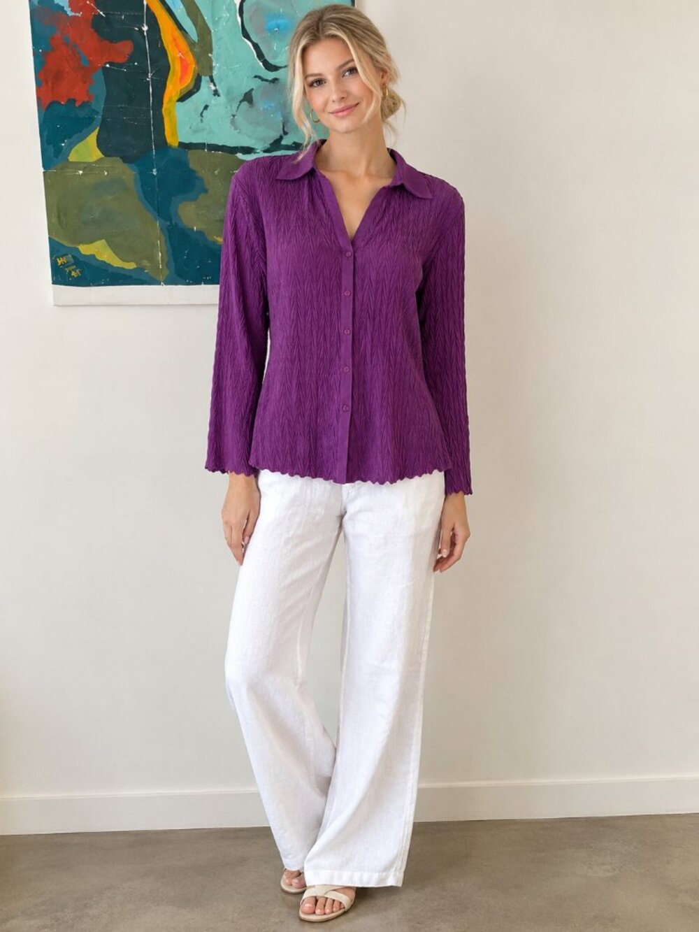 2/$30 NICOLA Crinkled-Texture Long Sleeve Button-Down Blouse Purple Small #A4483